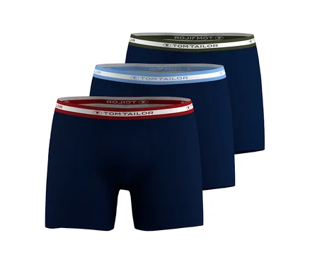 Tři tmavě modré pánské boxerky s různobarevnými pasy (zelený, světle modrý, červený) a logem Tom Tailor, naskládané na sobě.