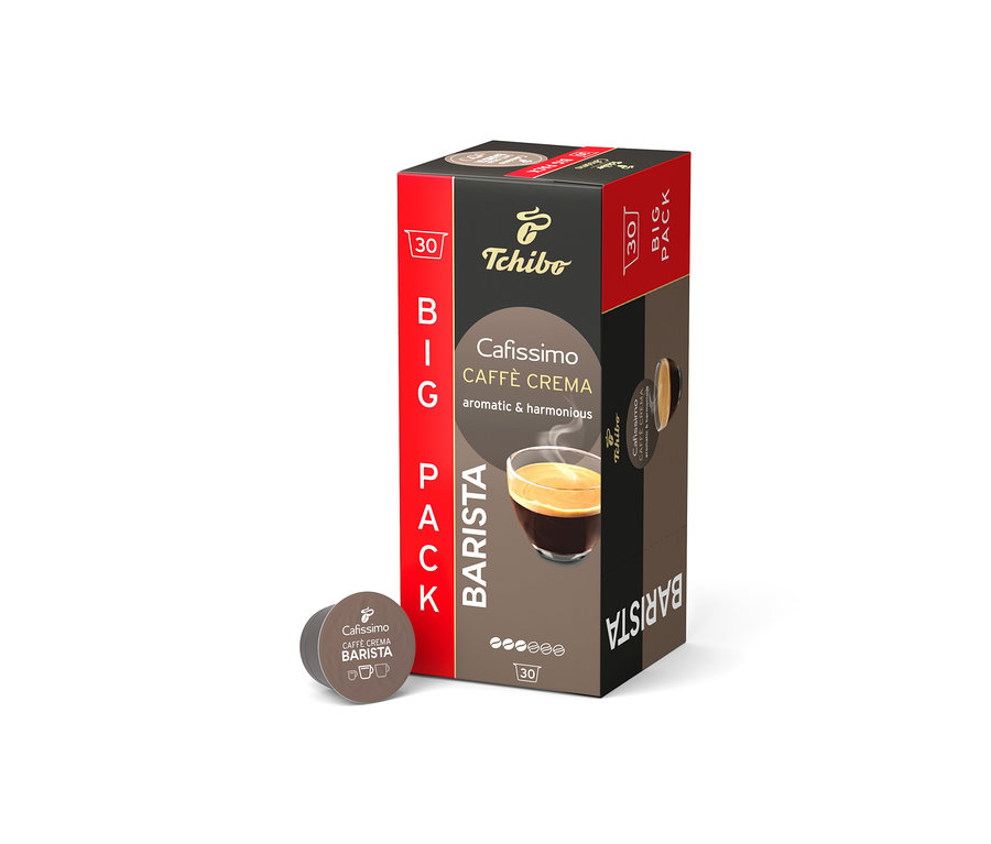 Balení kávových kapslí Tchibo Cafissimo Caffe Crema Barista stojí na bílém pozadí.