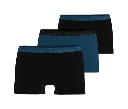 Tři boxerky Tom Tailor »Buffer«, dvoje černé a jedny tmavě modré, naskládané na sobě s logem Tom Tailor na pase.