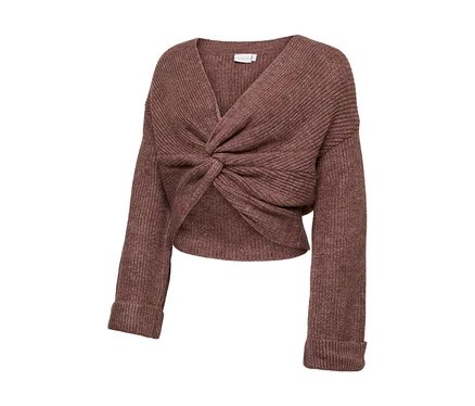 Mauve zkrácený pletený top MAMALICIOUS SVALA s výstřihem do V a zkrouceným uzlem vpředu.