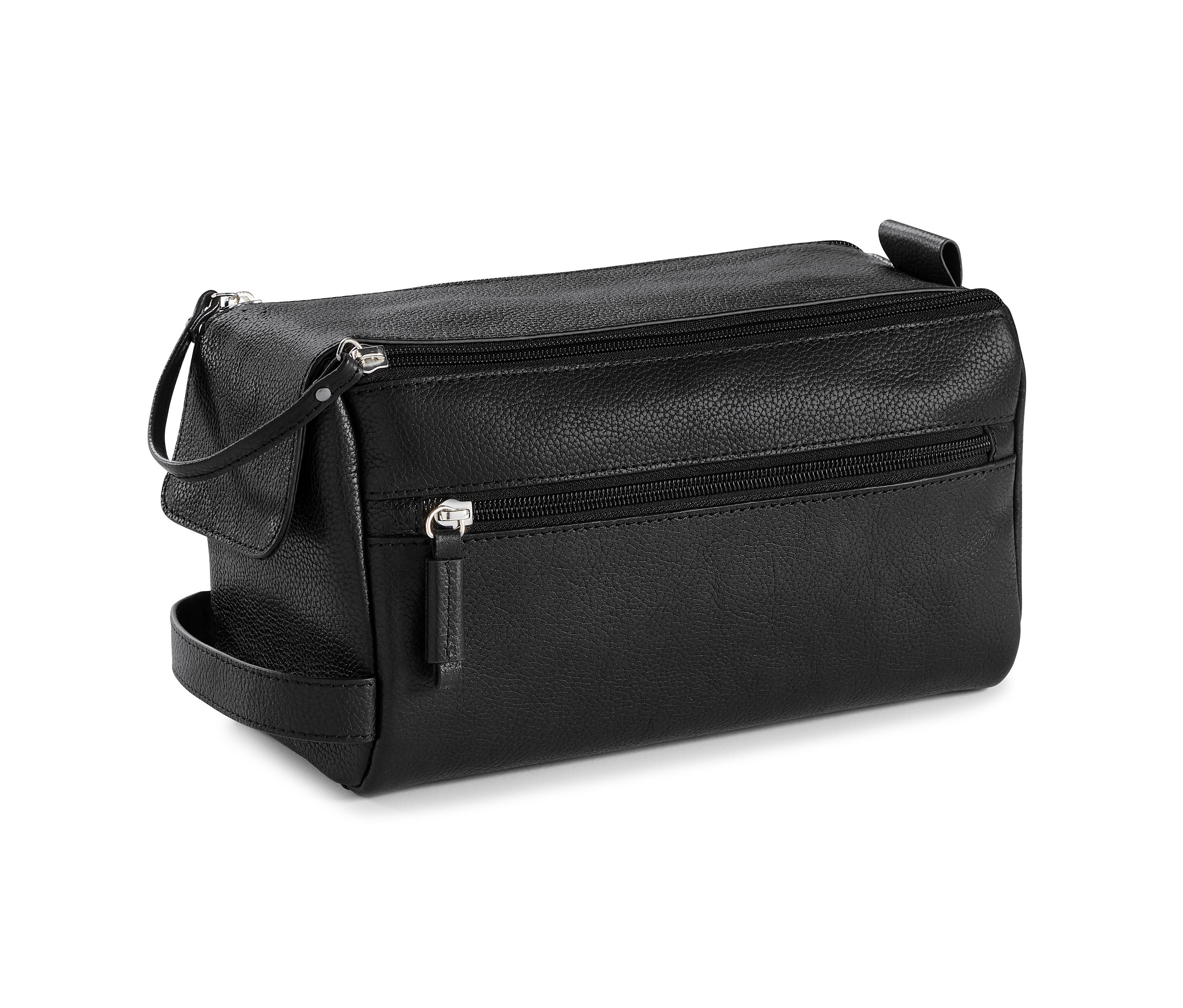 Černá kožená kosmetická taštička se dvěma zipy.