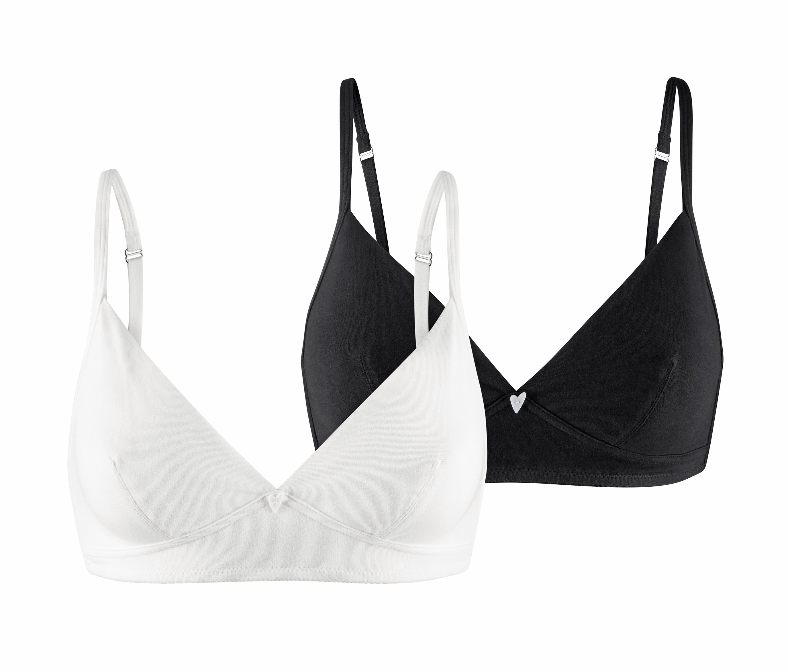 Dvě pohodlné podprsenky, jedna bílá a jedna černá.