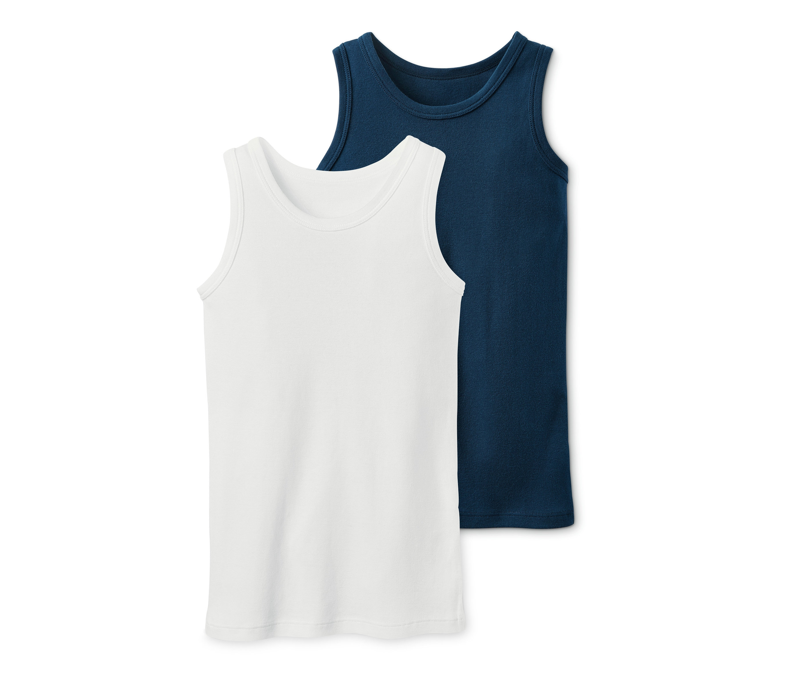 Dva tílka: bílé a tmavě modré.