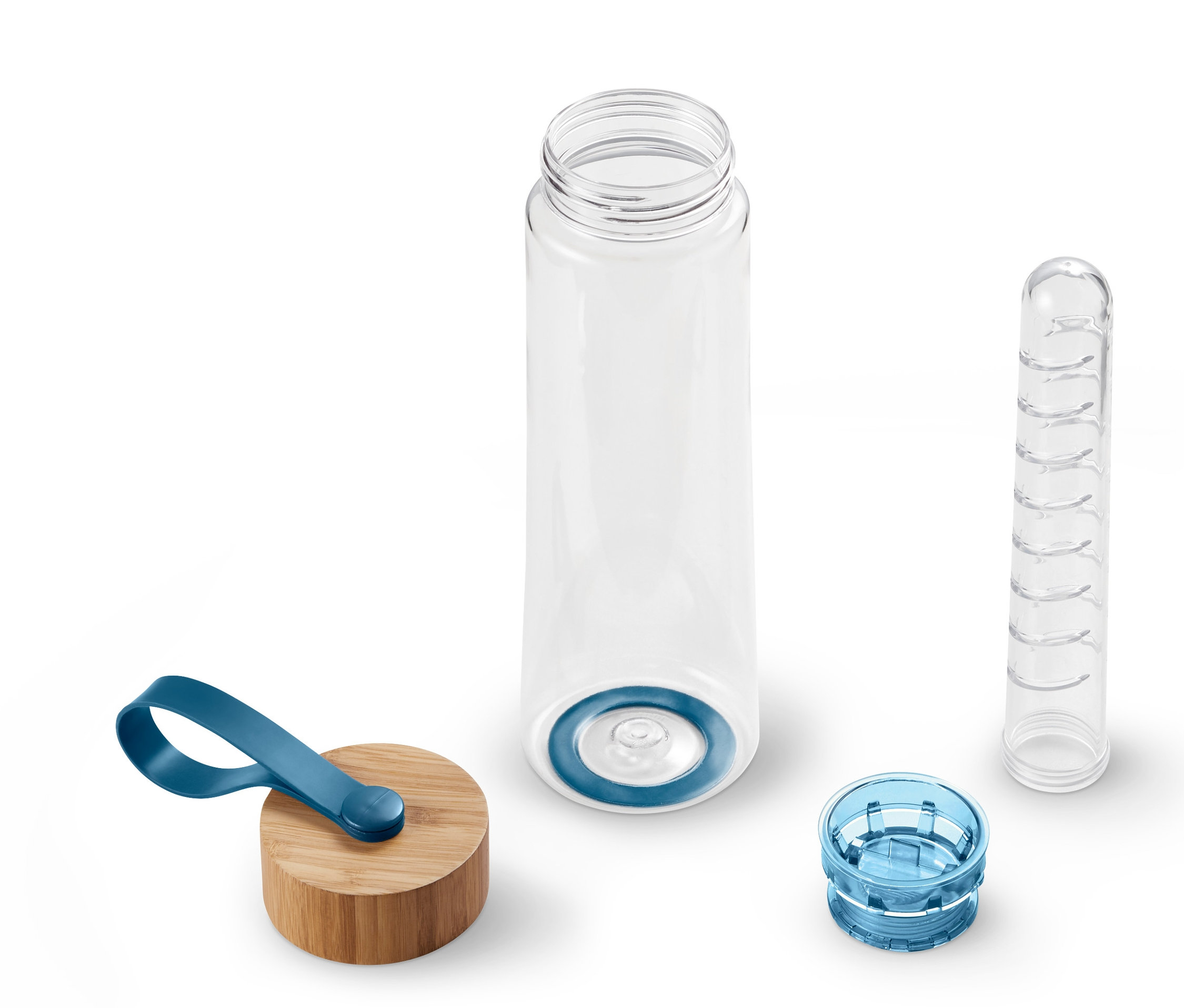 Rozložená karafa s vložkou na aromatické přísady a láhev na vodu s vložkou na aroma na bílém pozadí.