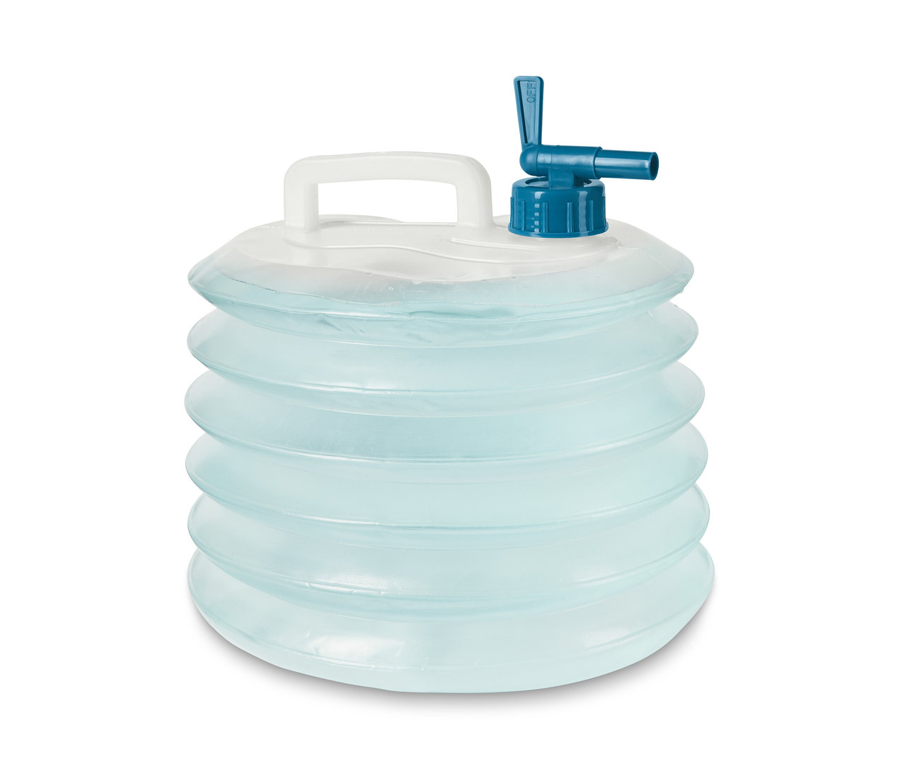 Skládací kanystr na vodu s modrým kohoutkem.