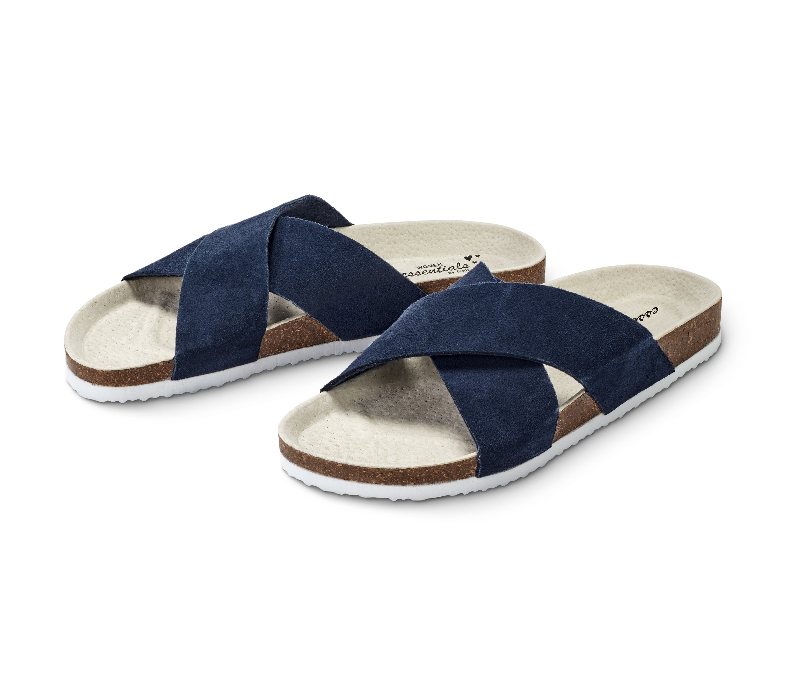 Dva modré sandály Pohodlné sandály s překříženými pásky.