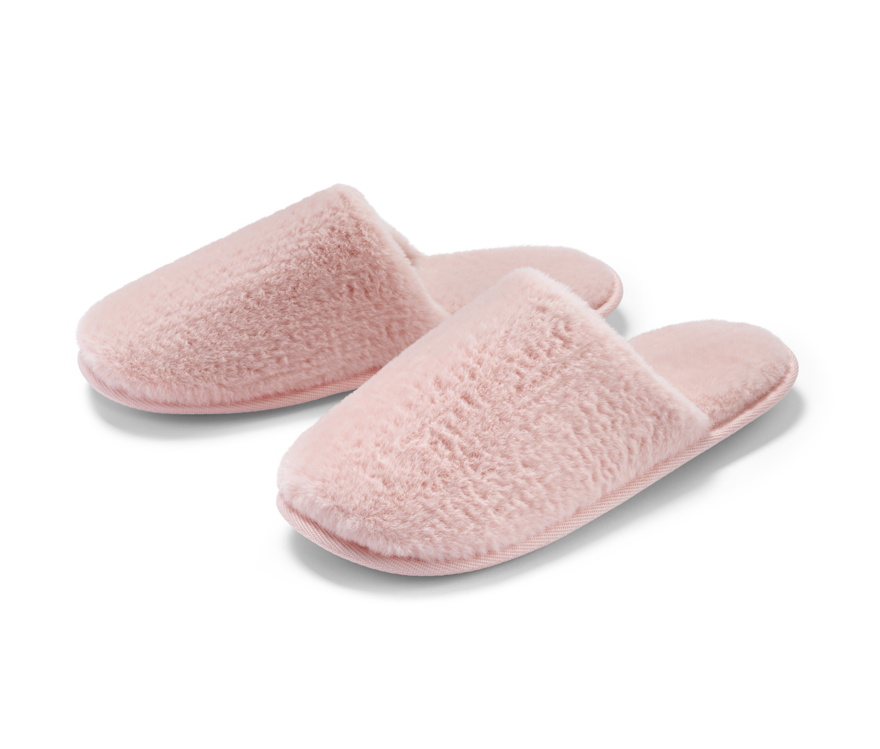 Dva růžové pantofle z umělé kožešiny.