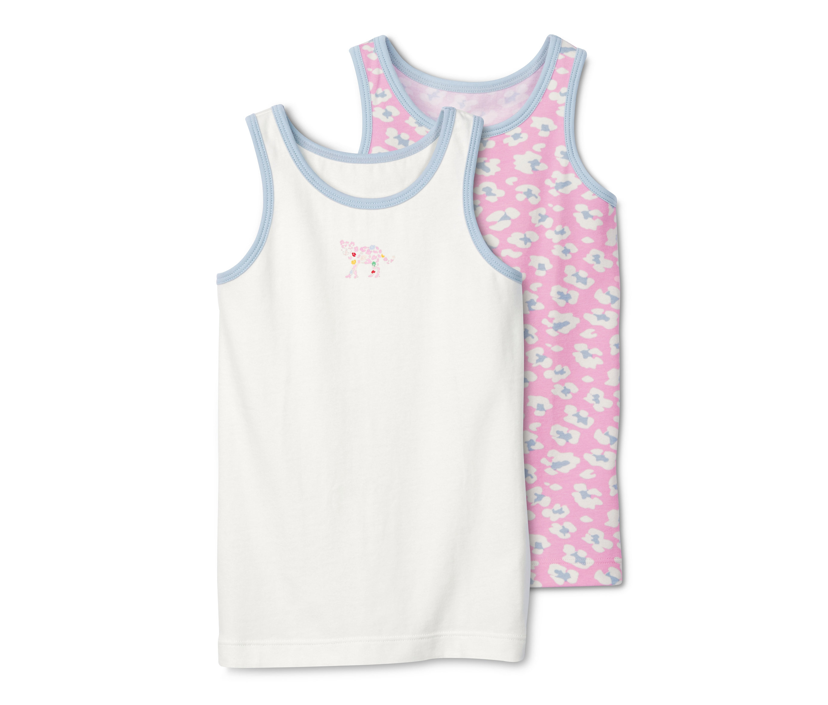 Dvě bavlněné košilky: bílá s výšivkou a růžová se zvířecím potiskem.