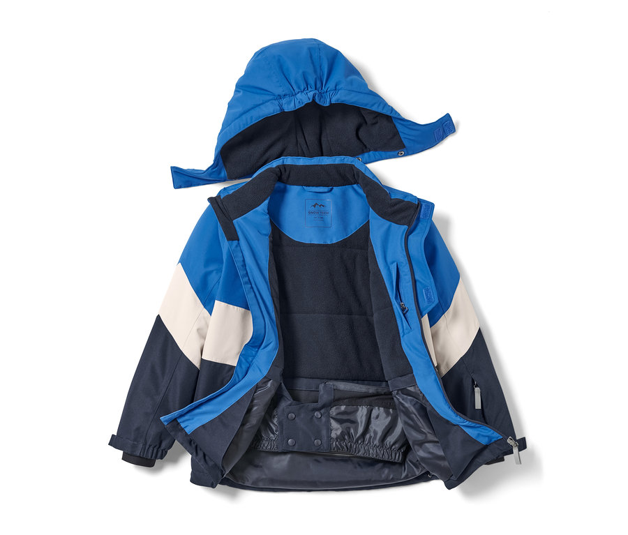 Otevřená lyžařská bunda modré, béžové a tmavě modré barvy s kapucí.