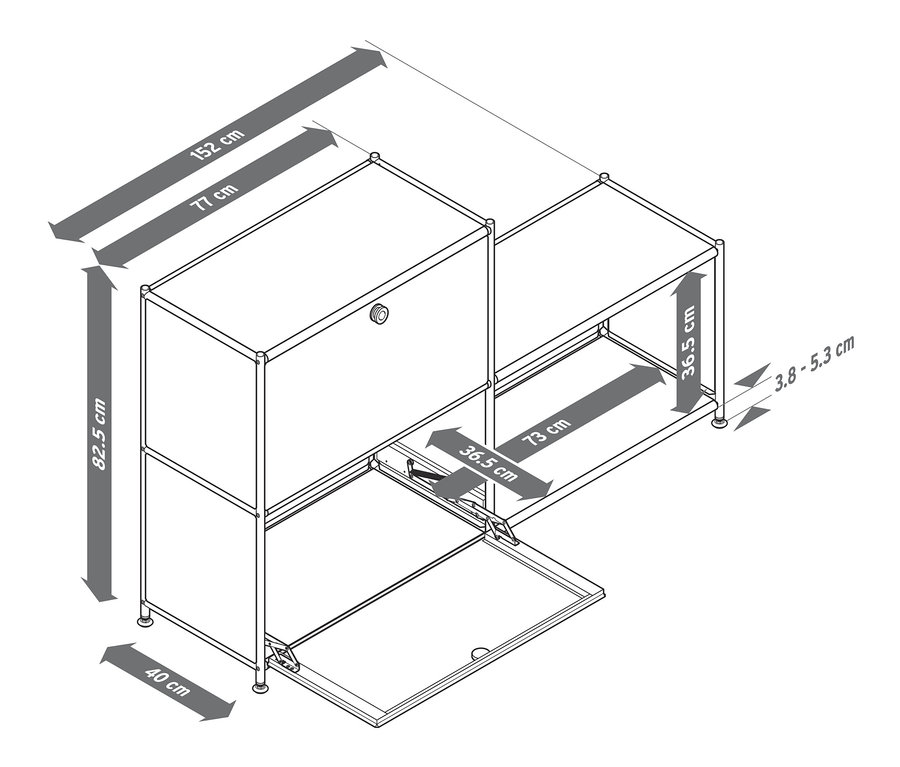 Rozměry světle šedé a modré odkládací skříňky »CN3« se 2 výklopnými dvířky a bílého kovového regálu CN3 se 3 přihrádkami.