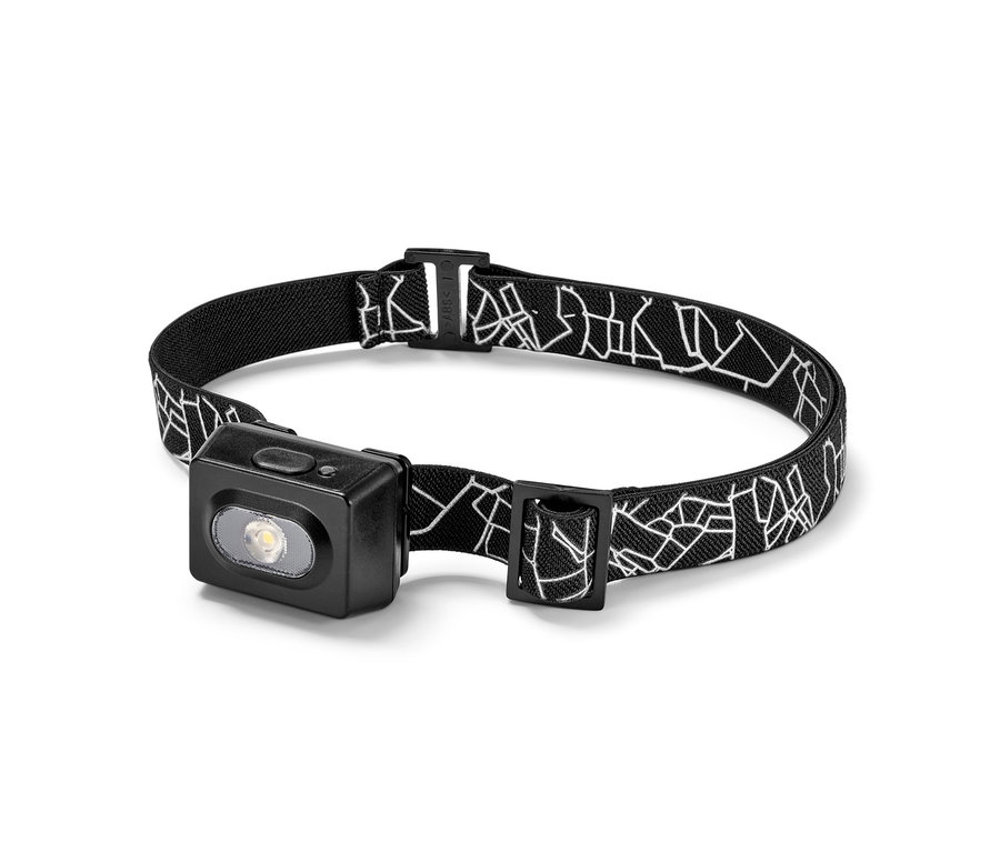 Čelovka s černým, bílým a šedým popruhem.