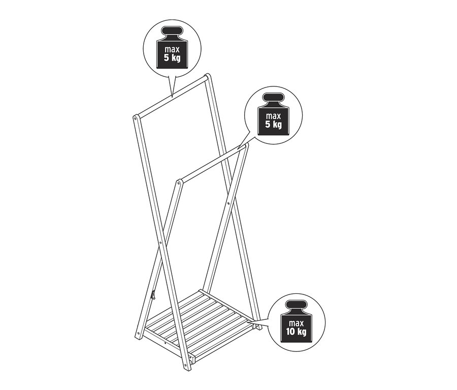 Náčrt dřevěného věšáku na oblečení s maximální nosností 5 kg nahoře a 10 kg dole.
