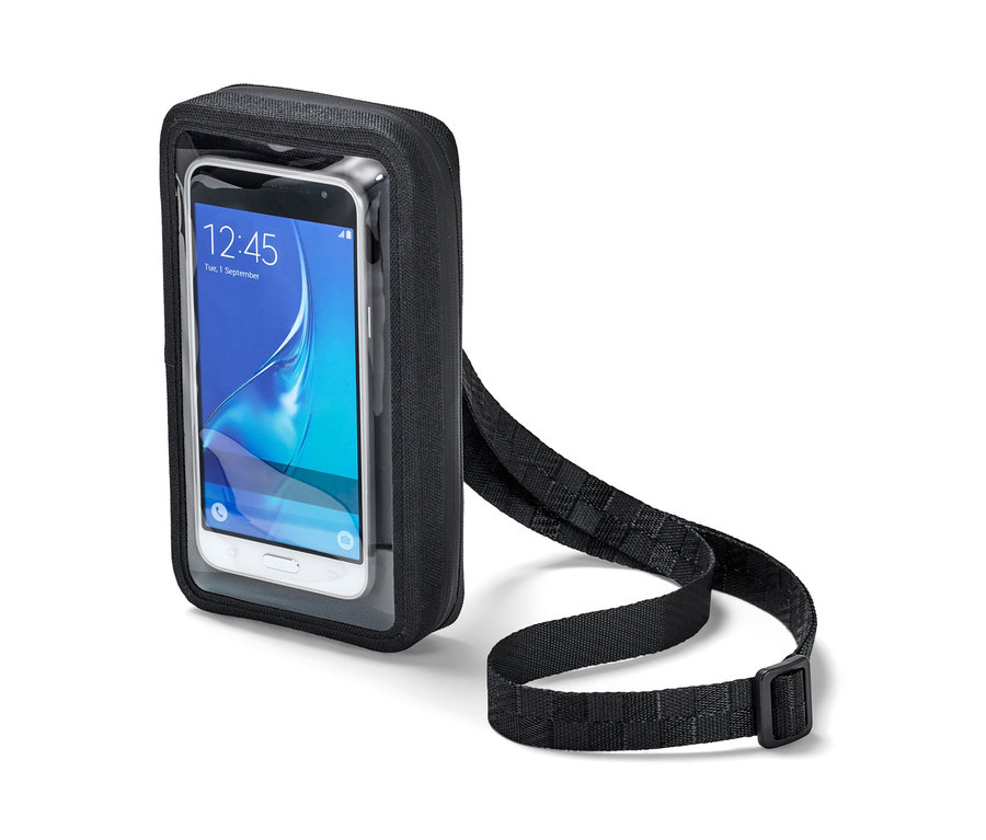 Černé pouzdro na chytrý telefon 2 v 1 s průhlednou přední stranou a popruhem přes rameno.