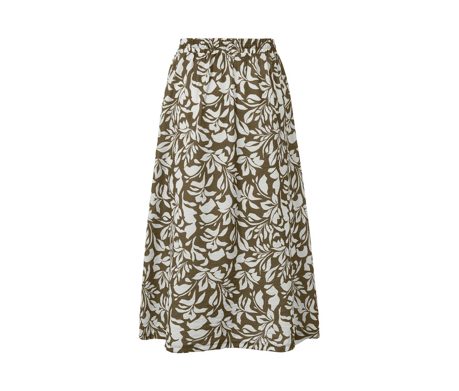 Hnědá midi sukně s bílým potiskem listů.