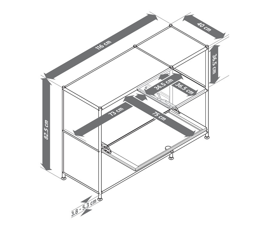 Nákres bílé kovové odkládací skříňky »CN3« se 2 výklopnými dvířky a rozměry.