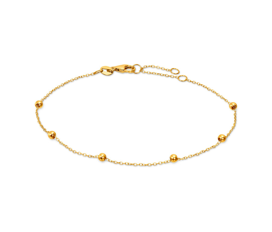Zlatý náramek s kuličkami 585 a 375 na bílém pozadí.