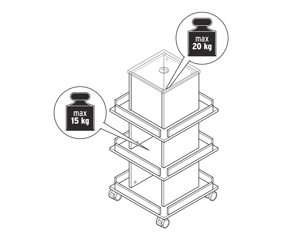 Nákres věžového regálu s úložným prostorem, s vyznačenou maximální nosností 20 kg pro horní polici a 15 kg pro ostatní police.