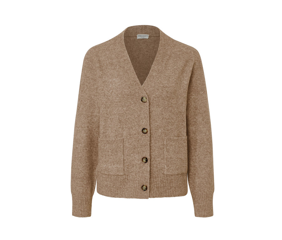 Svetr s vlnou světle hnědé barvy s knoflíky a kapsami.