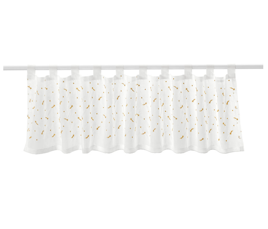 Bílá bistro záclonka s výšivkou zlatých padajících hvězd