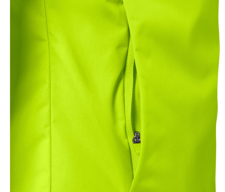 Detail neonově limetkové větruvzdorné běžecké bundy s kapsou na zip.