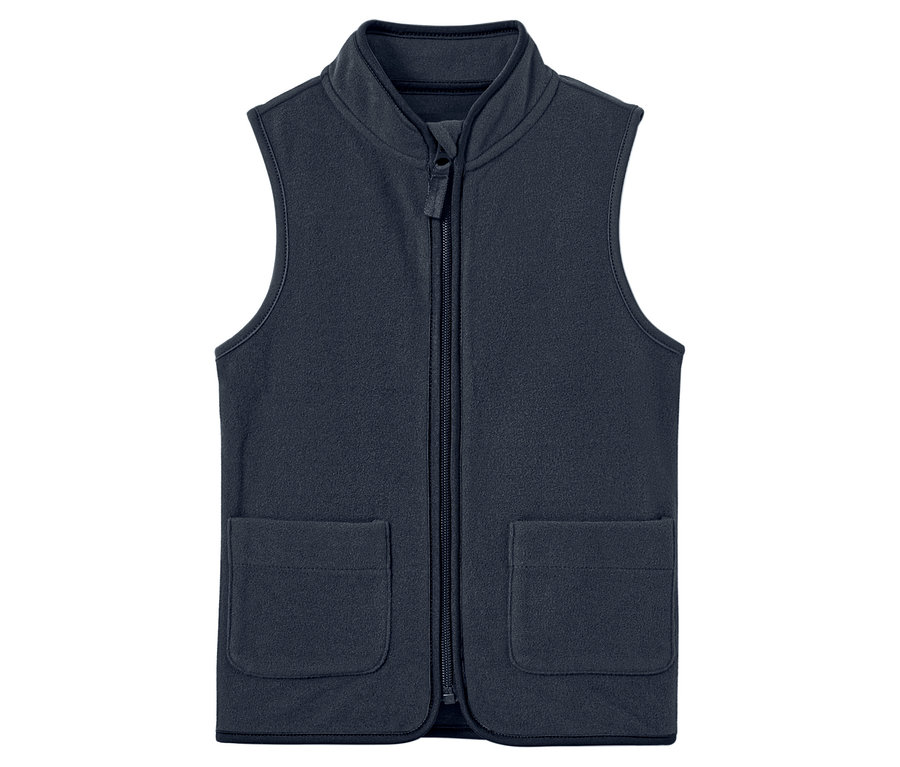 Tmavě modrá fleecová vesta se zipem a kapsami.