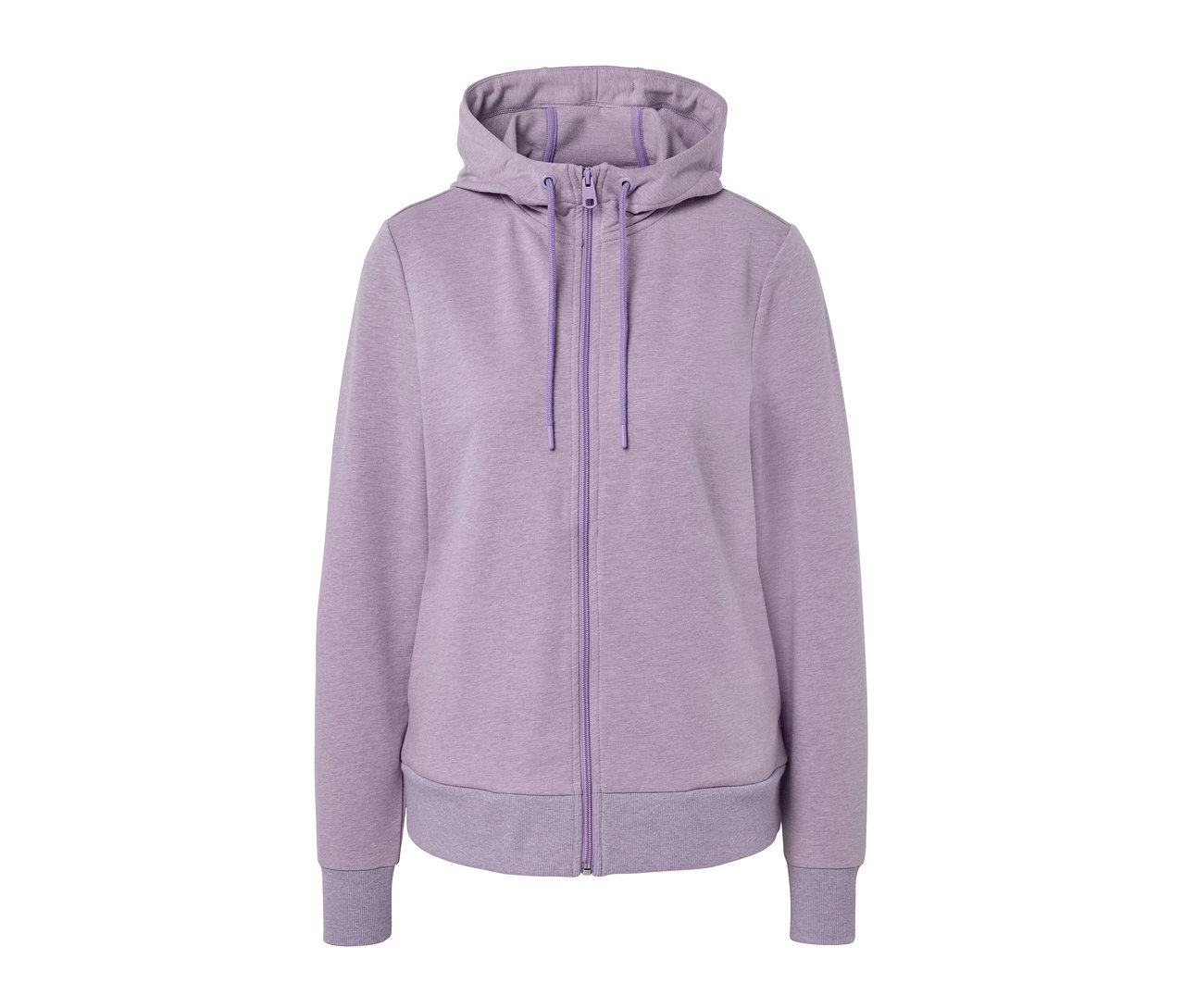 Fialová mikina se zipem a kapucí.