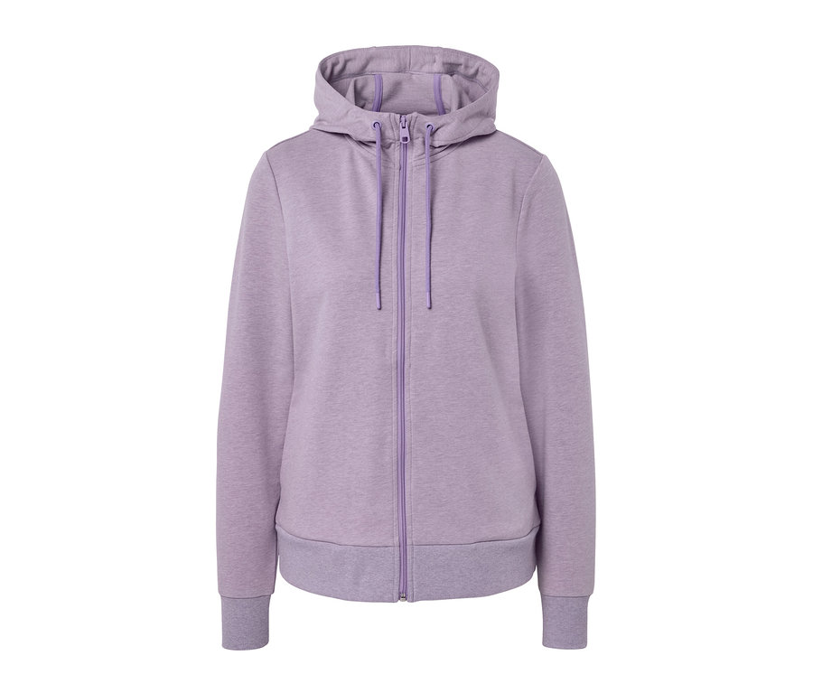 Fialová mikina se zipem a kapucí.