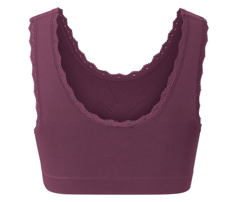 Fialová sportovní podprsenka s krajkovým lemem.