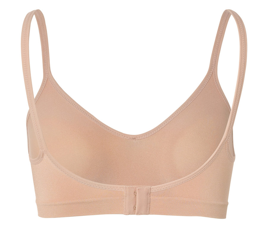 Pohled zezadu na tělovou podprsenku s tenkými ramínky a zapínáním na háčky.