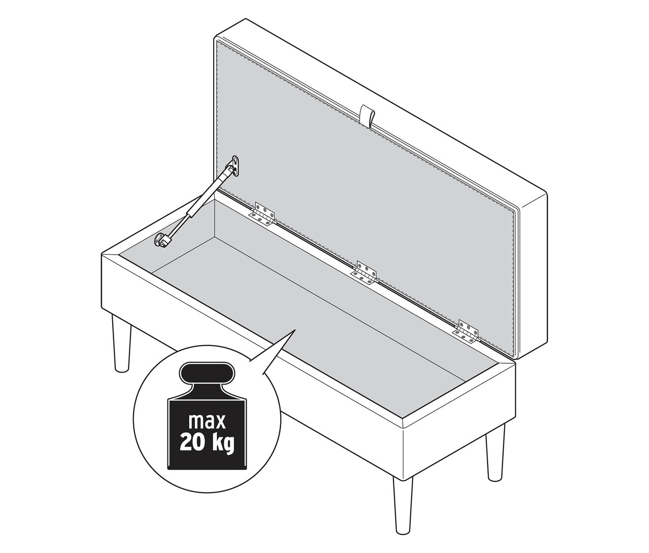 Otevřená polstrovaná lavice s úložným prostorem a značkou označující maximální hmotnost.