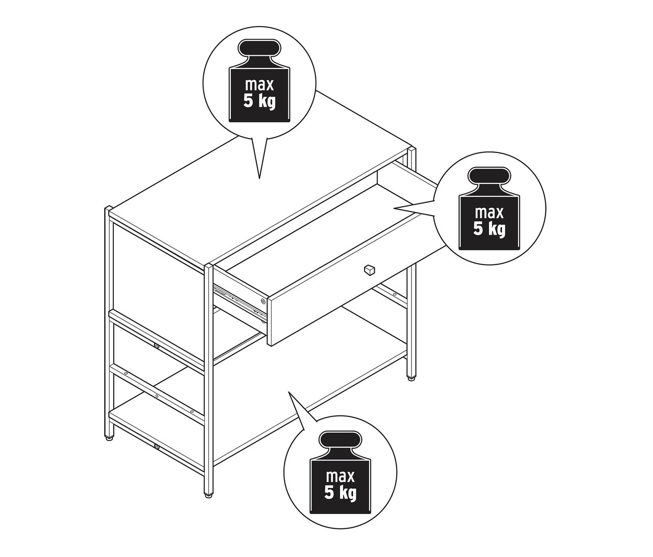 Pohled shora na komodu »GRADE« se 2 zásuvkami, z nichž jedna je otevřená. Maximální zatížení 5 kg.
