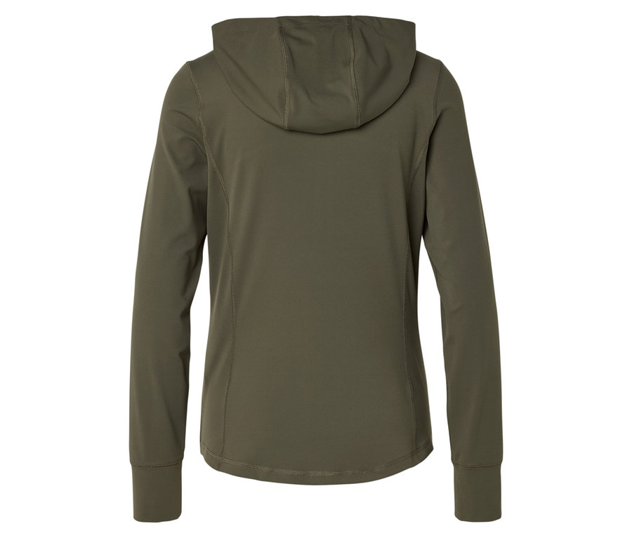 Pohled zezadu na olivově zelenou bundu s kapucí a dlouhými rukávy.