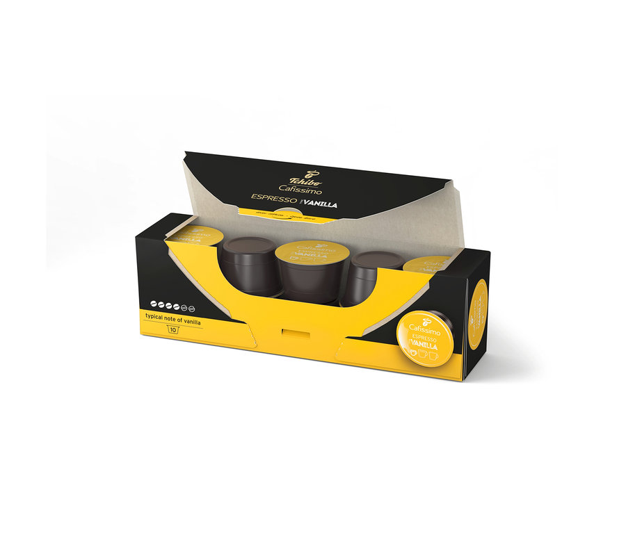 Otevřené, černo-žluté balení Cafissimo Flavoured Espresso – Vanilla – 10 kapslí.
