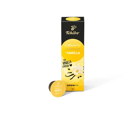 Balení Cafissimo Flavoured Espresso - Vanilla - 10 kapslí a jedna kapsle na bílém pozadí.
