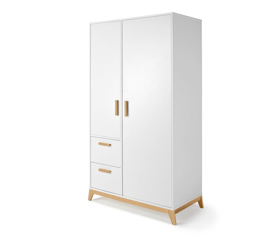 Bílá šatní skříň se dvěma dveřmi a dvěma zásuvkami.