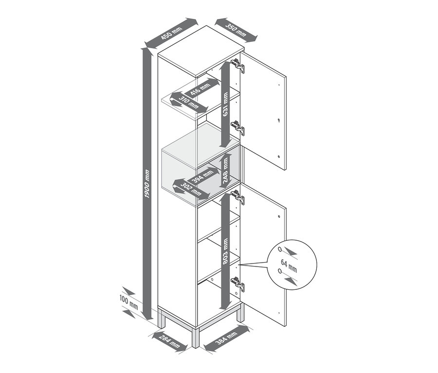 Diagram bílé koupelnové skříňky Eklund s otevřenými dvířky a rozměry.