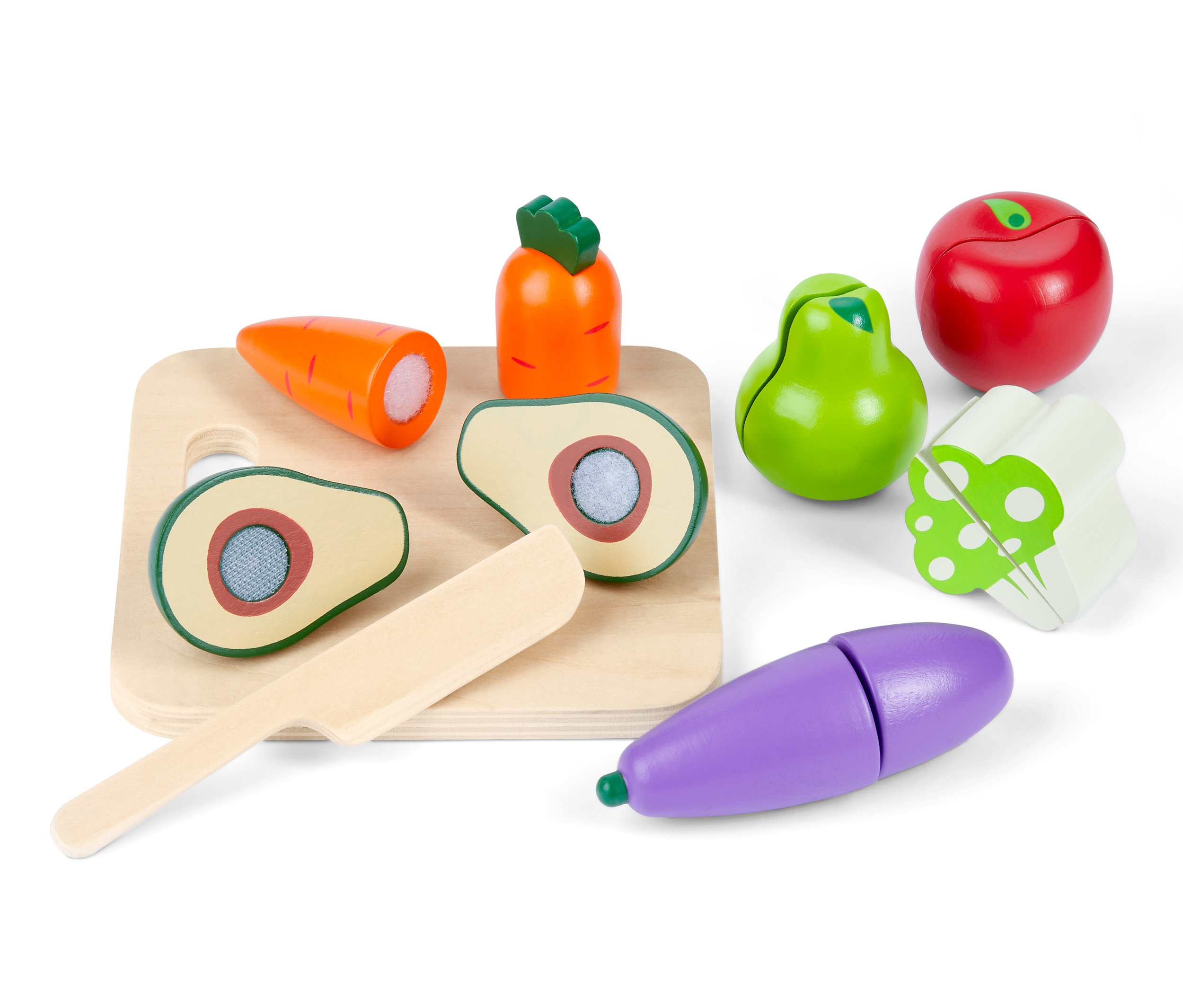 Dřevěná sada na krájení ovoce a zeleniny na desce s dřevěným nožem.