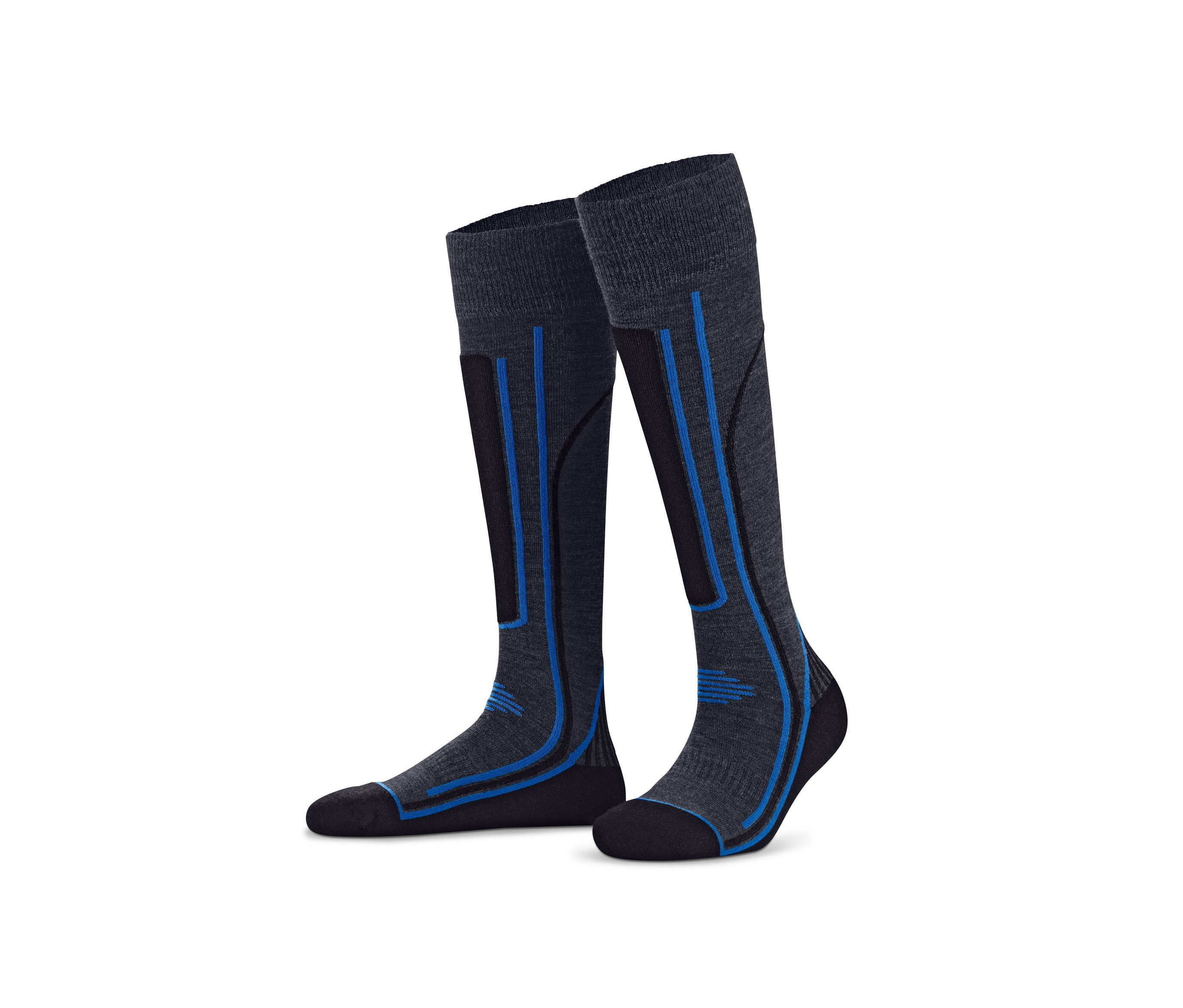 Dvě lyžařské termoponožky s vlnou v šedé barvě s modrými detaily.