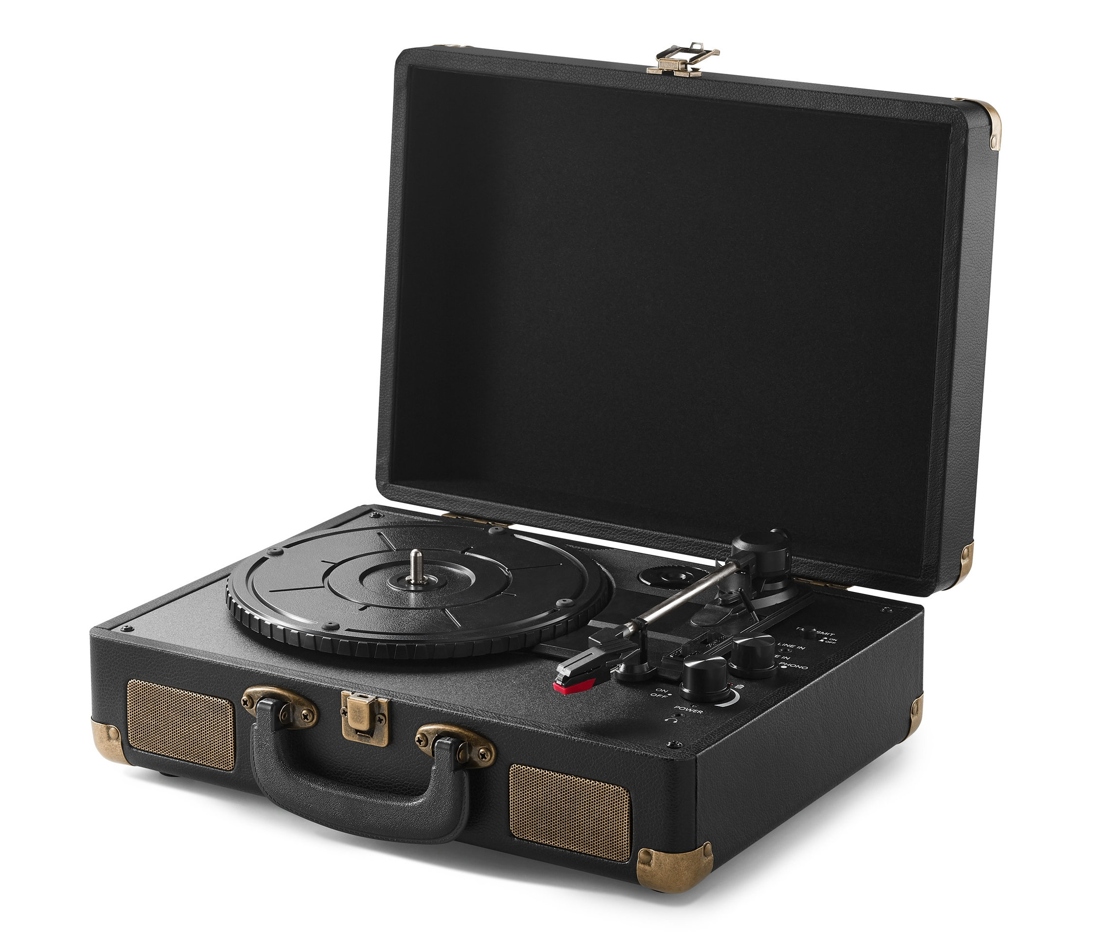 Černý přenosný retro gramofon s funkcí Bluetooth® je otevřený a připravený k použití.