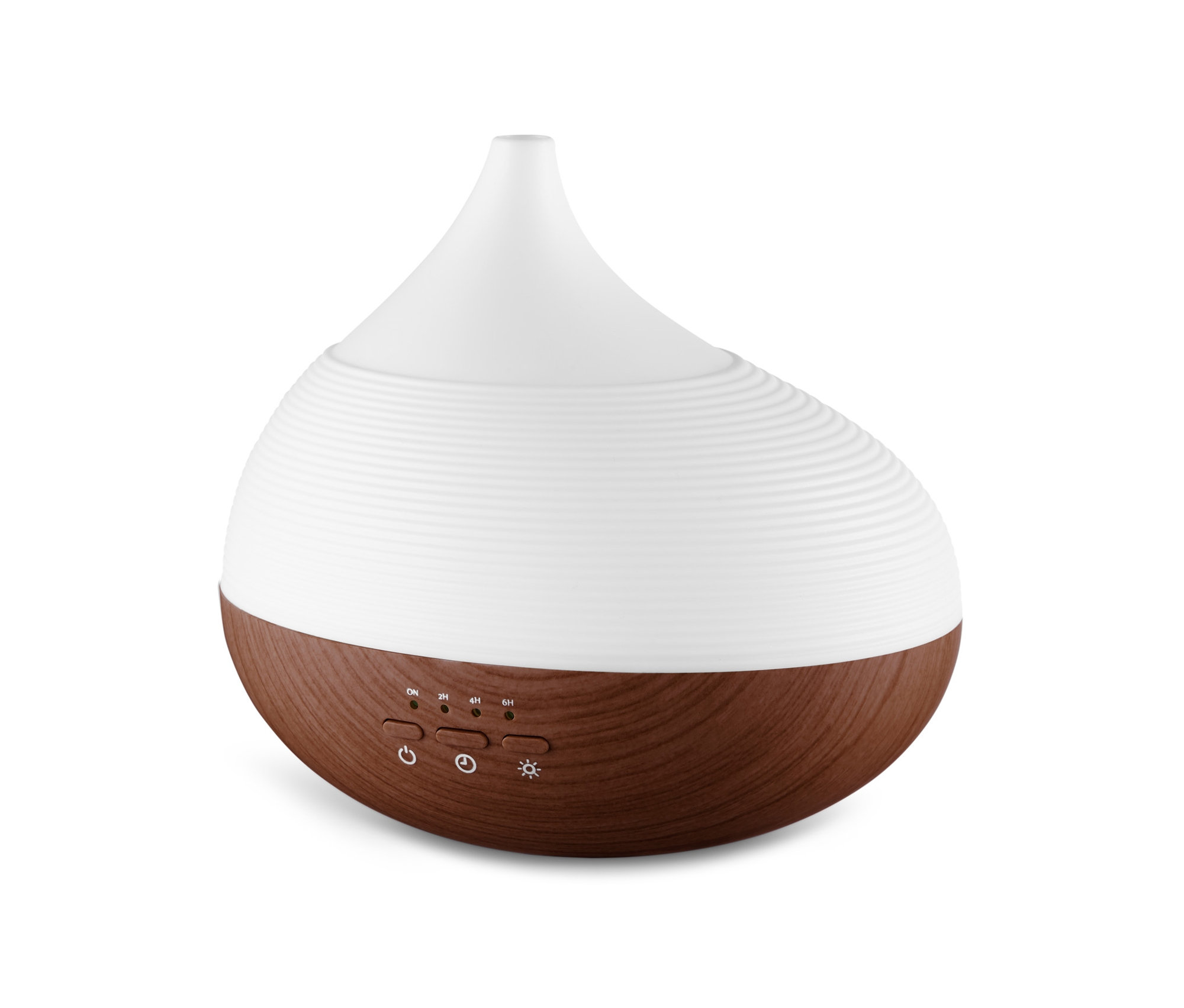 Vonný difuzér s wellness osvětlením, s hnědou dřevěnou základnou a bílým topem.