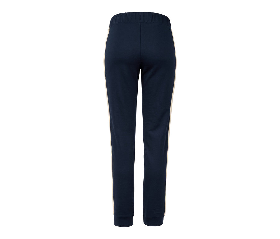 Tmavě modré pohodlné kalhoty s krémovými pruhy po stranách.