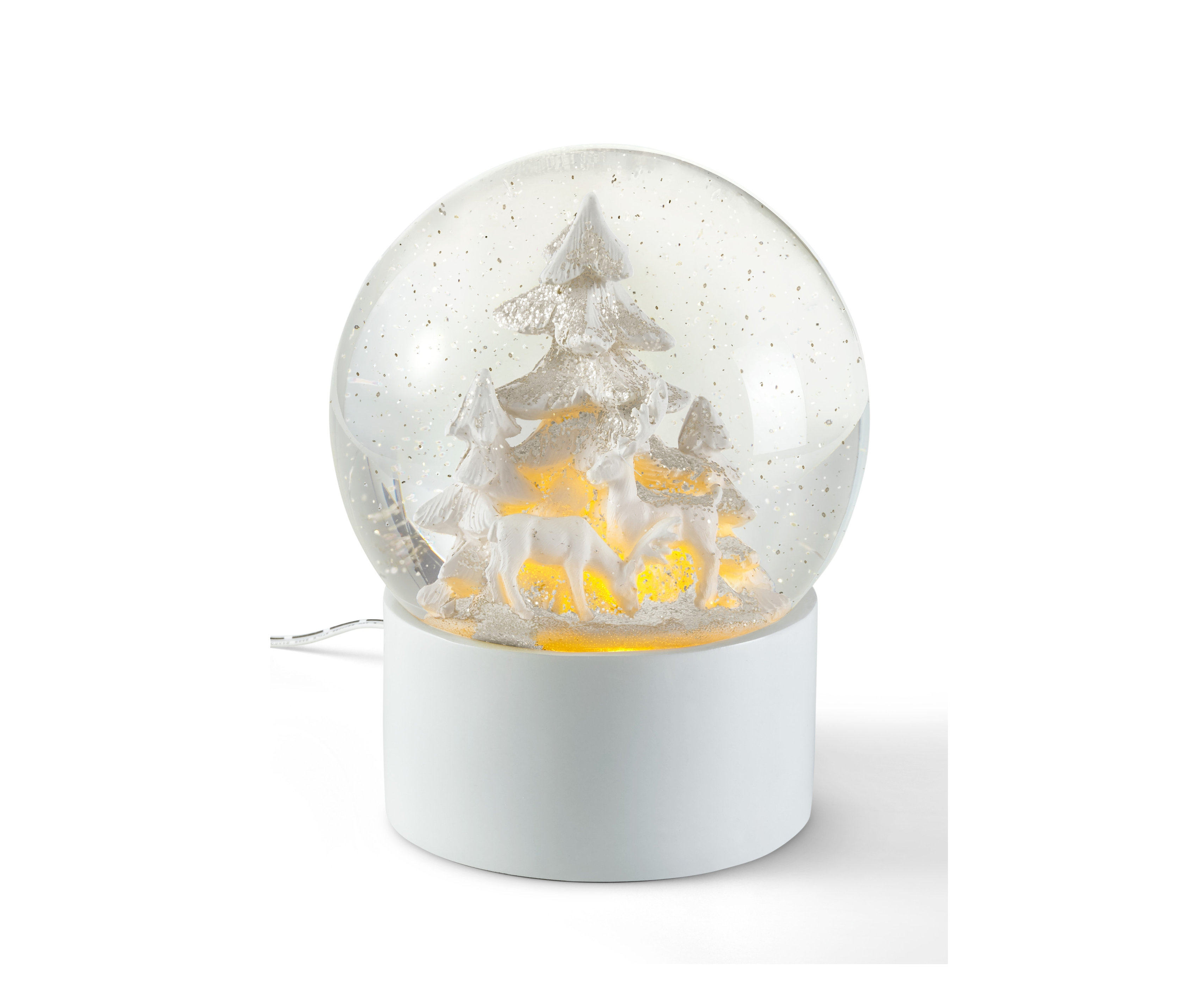 Sněžítko s LED osvětlením, uvnitř stříbrné stromy a bílí jeleni.