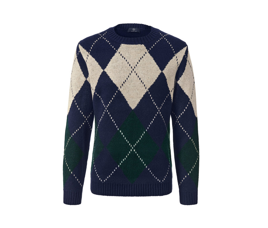 Pletený svetr přes hlavu s kosočtvercovým vzorem v tmavě modré, krémové a zelené barvě.