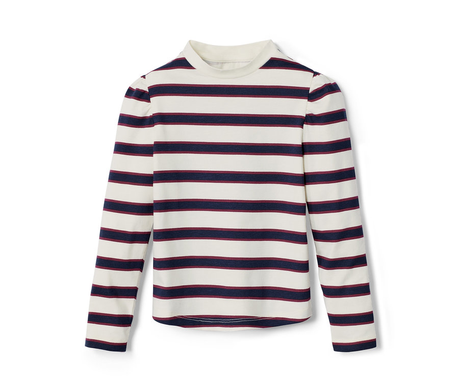 Dětské tričko s dlouhým rukávem s krémovými a tmavě modrými pruhy.