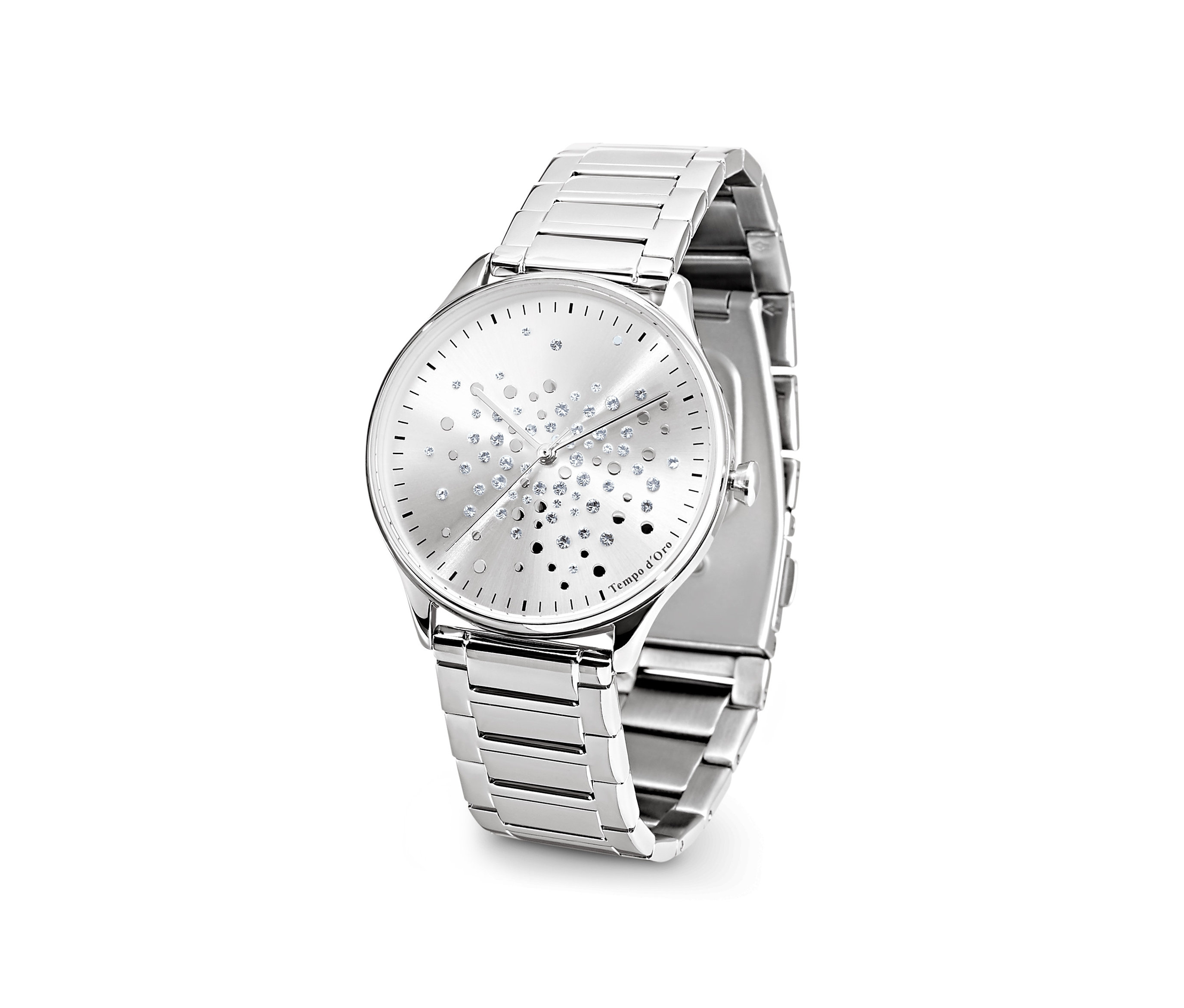 Stříbrné dámské hodinky zdobené kamínky Swarovski® na bílém pozadí.