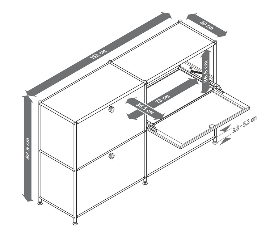 Nákres odkládací skříňky »CN3« se 4 výklopnými dvířky a rozměry.