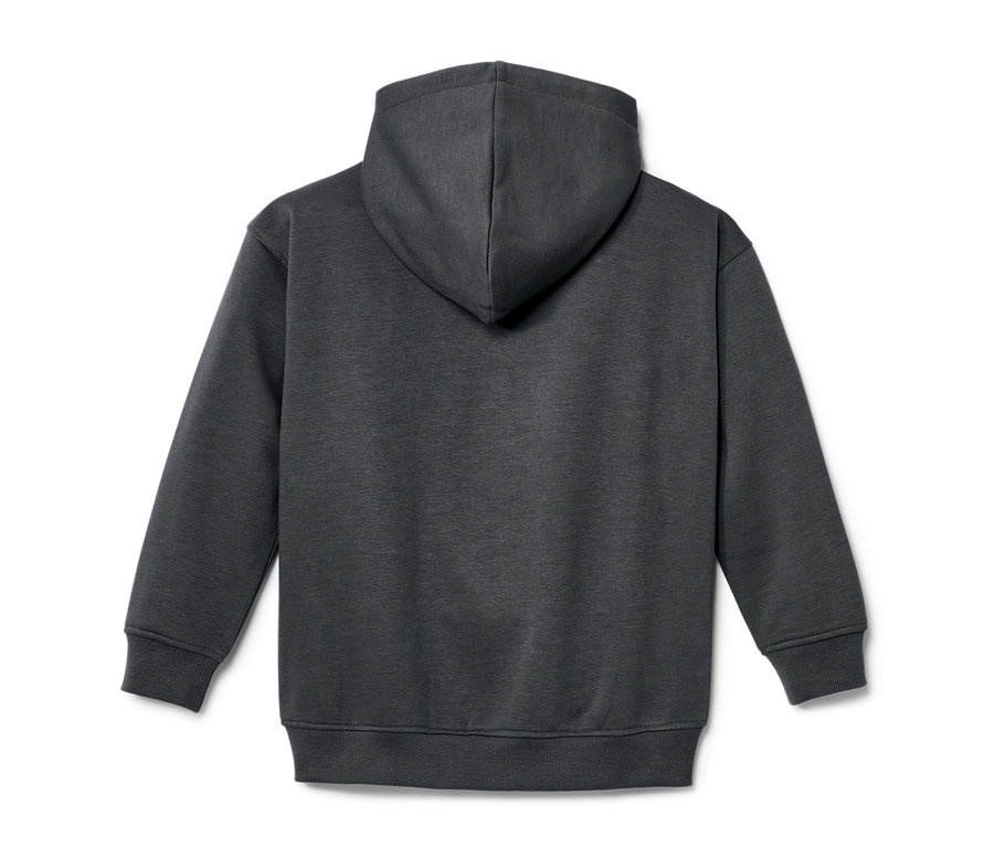 Zadní pohled na dětskou mikinu s kapucí s počesanou vnitřní stranou v antracitové barvě.