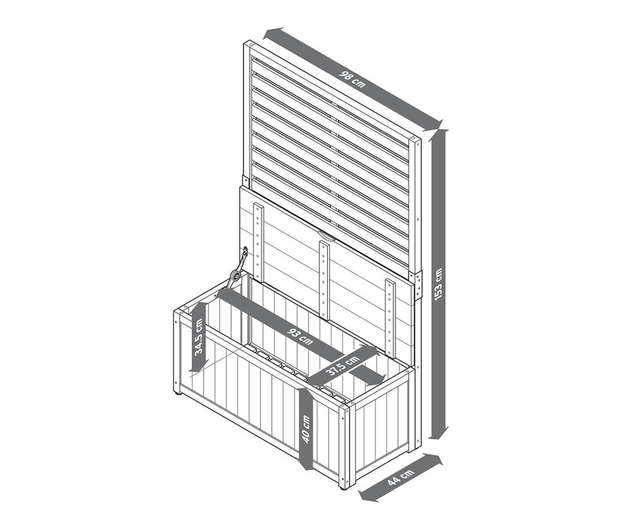 Nákres bočního dílu zástěny »Elin« s lavicí s úložným prostorem a vyznačenými rozměry.