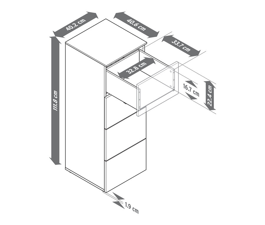 Nákres komody s otevřeným horním šuplíkem a uvedenými rozměry.