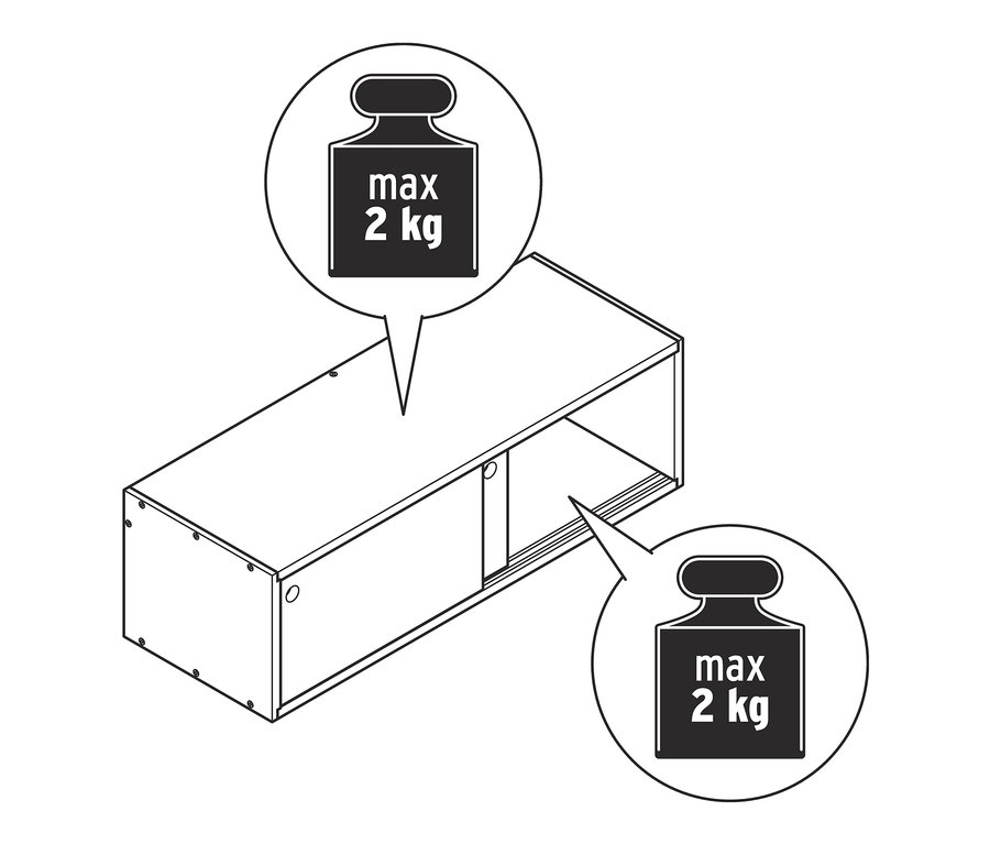 Ilustrace nástěnného regálu s posuvnými dvířky a detaily o maximální nosnosti 2 kg.